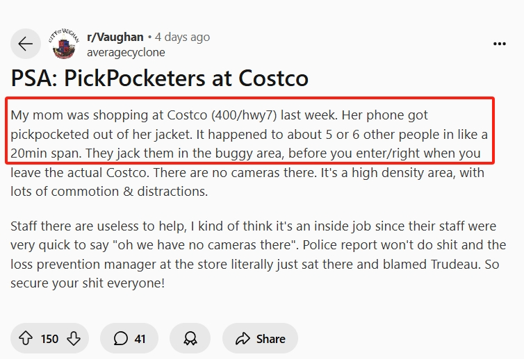 小心！Hwy7附近Costco 6人手机被偷！华人爆：结完账购物车东西没了